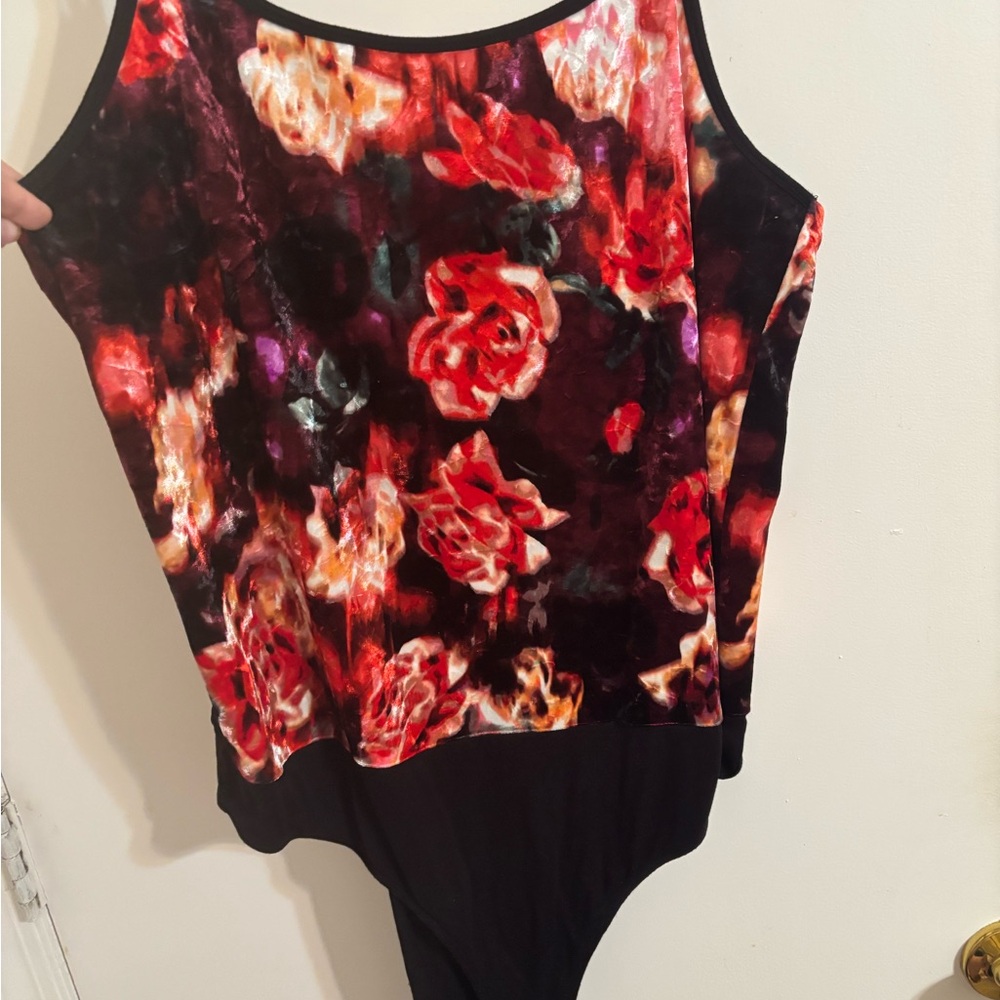 Torrid Red and Black Floral Velvet Bodysuit